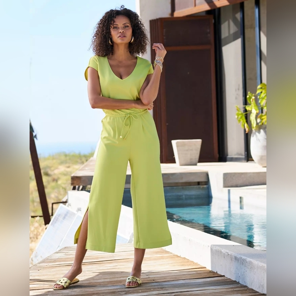 Boston Proper Beyond Travel Crop Drawstring Waist Jumpsuit Bright Green Sz Large